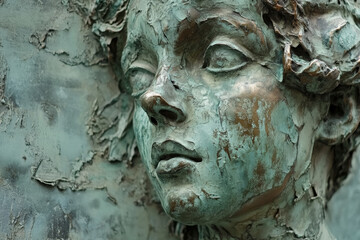 Aged bronze statue texture, weathered green patina with detailed textures of oxidized metal