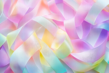 Shimmering holographic ribbon texture, pastel rainbow colors shifting dynamically, vibrant and playful