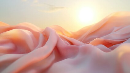 Soft pink fabric draped elegantly, creating gentle waves under a warm sunlight glow, symbolizing tranquility and elegance in a serene atmosphere.