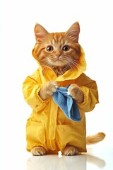 Orange cat in yellow raincoat holds cloth.