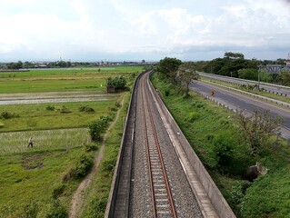 Railway tracks run between vast rice fields and a highway under a cloudy sky, capturing the harmony of nature and infrastructure.