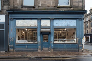 Worn vintage shop facade with faded blue and white paint, grimy windows, and closed shutters
