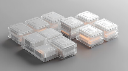 Set of cells on gray background. prismatic modules for lithium iron phosphate battery. uninterruptible power supply. 3d render. Prismatic. Illustration