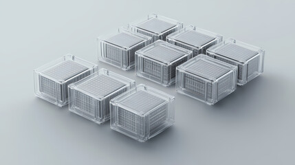 Fototapeta premium Set of cells on gray background. prismatic modules for lithium iron phosphate battery. uninterruptible power supply. 3d render. Prismatic. Illustration