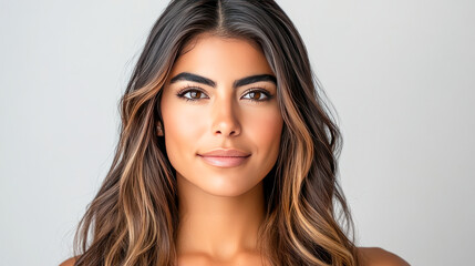 Fototapeta premium Young hispanic female with long hair and natural makeup smiling calmly
