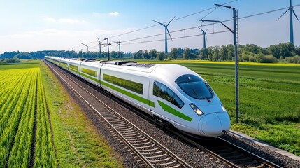 Fototapeta premium Electric-powered high-speed train, scenic countryside route, renewable energy branding
