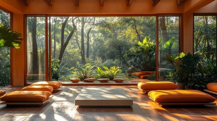 Fototapeta premium Sunbeams stream through a large window onto a modern living room with a white coffee table, orange cushions, and a wooden floor. The view outside is of a lush tropical garden.