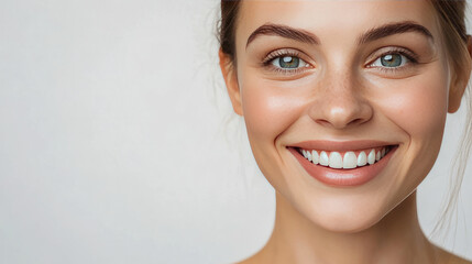 Fototapeta premium Close-up of smiling young caucasian female with freckles and bright eyes