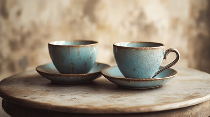 Obraz premium Two vintage blue ceramic cups on rustic table with saucer