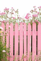 Fototapeta premium Pink fence, pink flowers, garden scene.