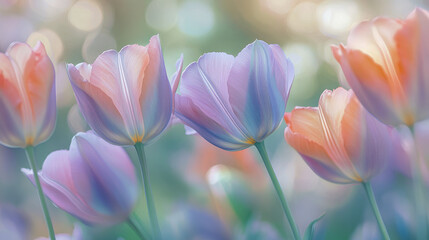 Pastel tulips in soft focus blooming in springtime garden