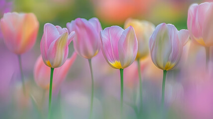 Obraz premium Vibrant pink and yellow tulips in a soft focus garden setting