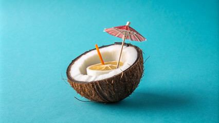Photo of a miniature tropical coconut bar with an umbrella on a blue background, Web banner showing the concept of summer vacation in Thailand.
