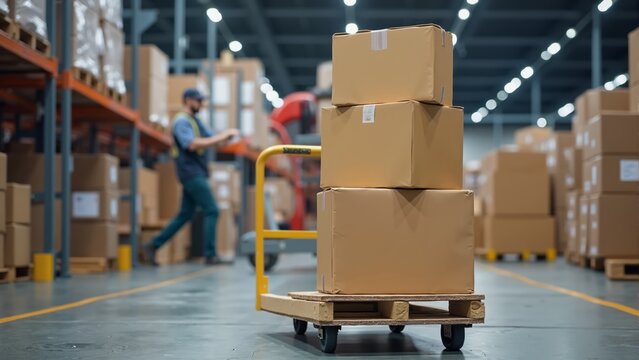 Efficient shipping process in a busy warehouse as workers manage packages during daylight hours