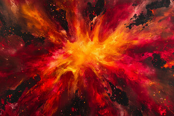 Abstract glowing energy texture, intense red and yellow flares radiating from a central core, dramatic and bold