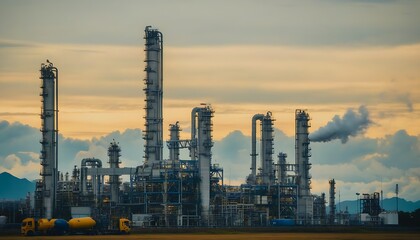 Fototapeta premium Industrial landscape with sunset glow and natural beauty