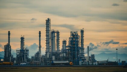 Fototapeta premium Industrial landscape with sunset glow and natural beauty