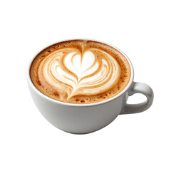 Heart shaped latte art on frothy cappuccino in ceramic cup