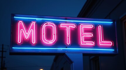 Obraz premium Vibrant Neon Blue and Pink Motel Sign at Night