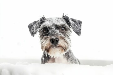 Wet dog, soapy bath, fluffy fur.
