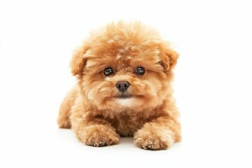 Fluffy brown puppy lies down; looks directly ahead.
