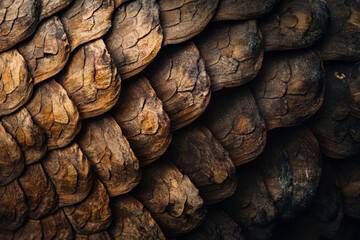Textured pinecone close-up, intricate overlapping scales in warm brown tones, natural and detailed