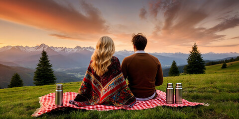 Young couple in love doing picnic visiting alps Dolomities. Boyfriend and girlfriend sitting and looking at the beautiful scenic green meadow landscape.