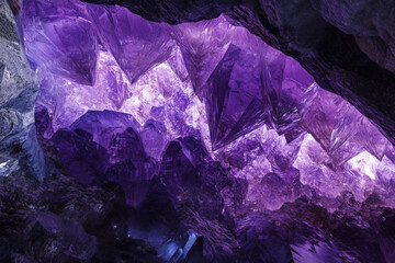 Fototapeta premium Abstract crystal cave texture, sharp and angular surfaces in deep purple hues with glowing reflections