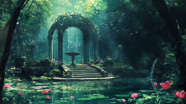 Enchanted forest garden with stone archway and tranquil pond