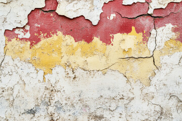 Obraz premium Faded graffiti texture, peeling paint layers in bold colors on a cracked concrete wall, urban and aged