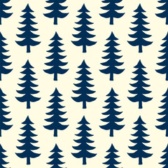 Obraz premium Small dark blue fir trees isolated on white background. Cute monochrome seamless pattern. Vector simple flat graphic hand drawn illustration. Texture.