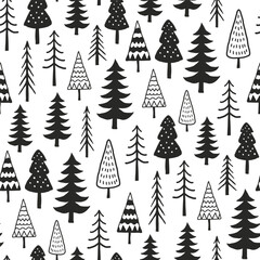 Small different black fir trees isolated on white background. Cute monochrome seamless pattern. Vector simple flat graphic hand drawn illustration. Texture.