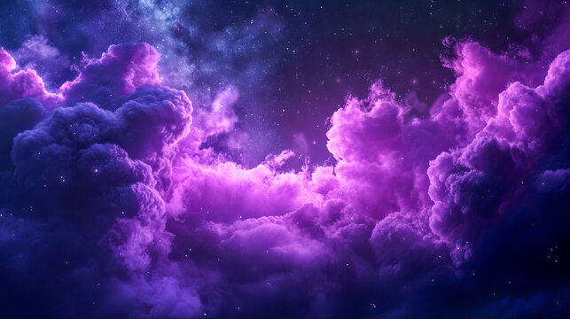 Vibrant purple nebula clouds under starry night sky
