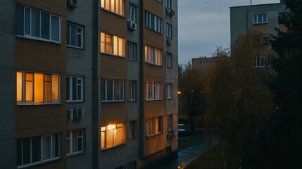 Urban evening scene with illuminated apartment windows in autumn