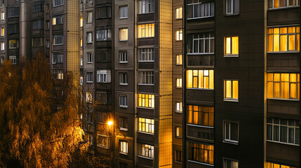 Urban evening scene with illuminated apartment windows in high-rise building