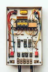 Electrical panel, wires, switches, breakers, aged components.