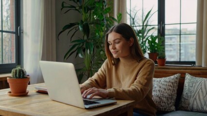 Fototapeta premium Young woman using laptop and smartphone at home. Cozy home interior with indoor plants. Work from home, remote work, online shopping, e-learning, urban jungle concept