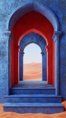 Fototapeta premium A blue archway with red trim leads to a desert landscape.