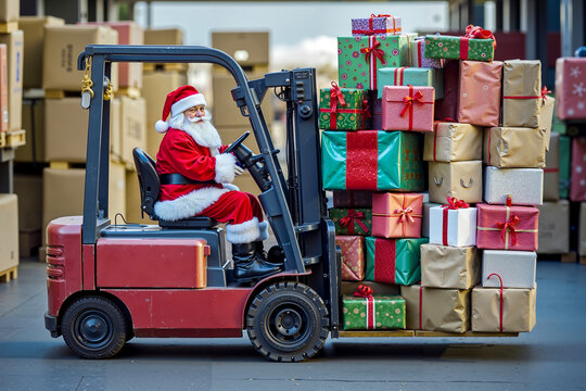 A man in a santa claus suit driving a forklift truck with presents on it
