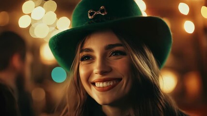 Happy woman with leprechaun hat sitting in a pub or bar. Saint Patrick's Day holiday. Ireland and Irish culture concept