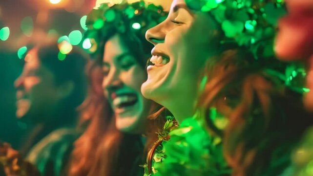 Young woman on party with friends. St Patrick's Day celebration. Green leprechaun hat. Irish culture, holidays in Ireland