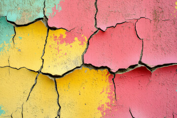 Faded graffiti texture, peeling paint layers in bold colors on a cracked concrete wall, urban and aged
