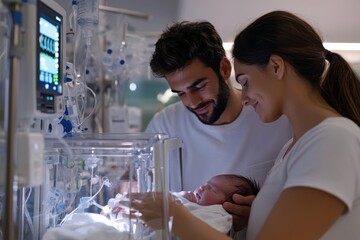 A tender moment captured as new parents lovingly gaze at their newborn in a neonatal unit, highlighting the joy and affection that comes with new life.