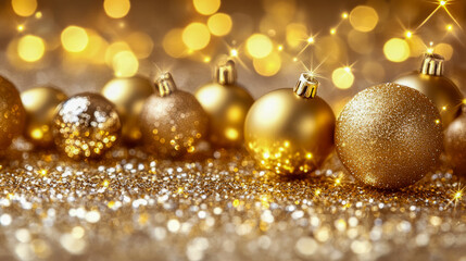 Golden christmas baubles on glittering surface with sparkling lights