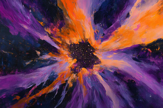 Abstract galaxy burst texture, vibrant purple and orange patterns radiating dynamically from a starry core, cosmic and bold