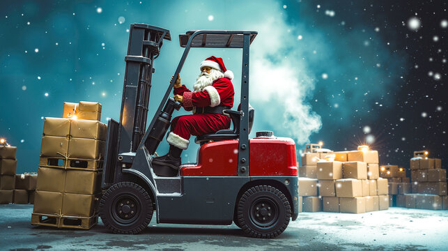 A man in a santa claus suit driving a forklift truck with presents