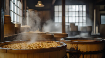 A traditional Japanese miso fermentation setup with large wooden barrels and freshly steamed soybeans.