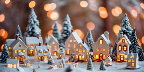 Obraz premium A cozy Christmas stock image featuring a snowy village of glowing ceramic houses, warm lights, miniature Christmas trees, and a soft winter twilight with festive bokeh effects in the background.