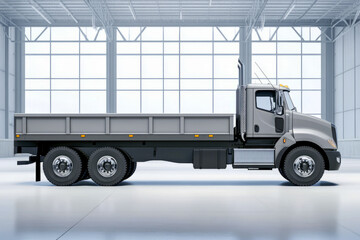 Large industrial truck in warehouse with natural light and steel structure