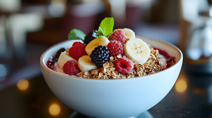 A vibrant acai bowl topped with granola banana slices berries and chia seeds.
